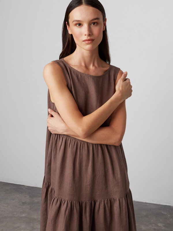 Image 1 of AGOTA Sleeveless Linen Dress in Cocoa from Love and Confuse