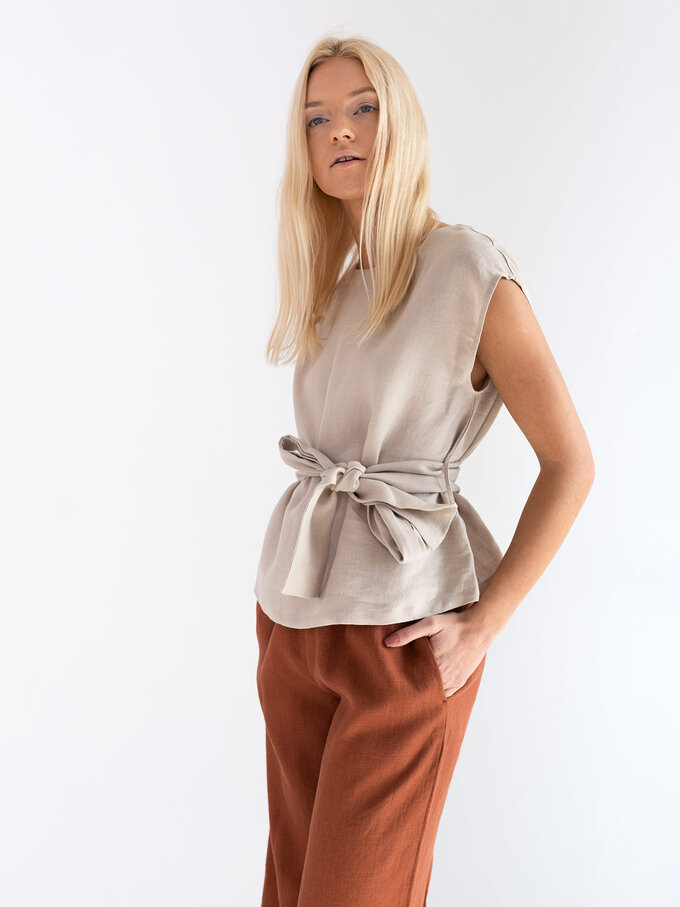 Image 3 of ALEXANDRA Linen Tie Waist Top in Beige from Love and Confuse