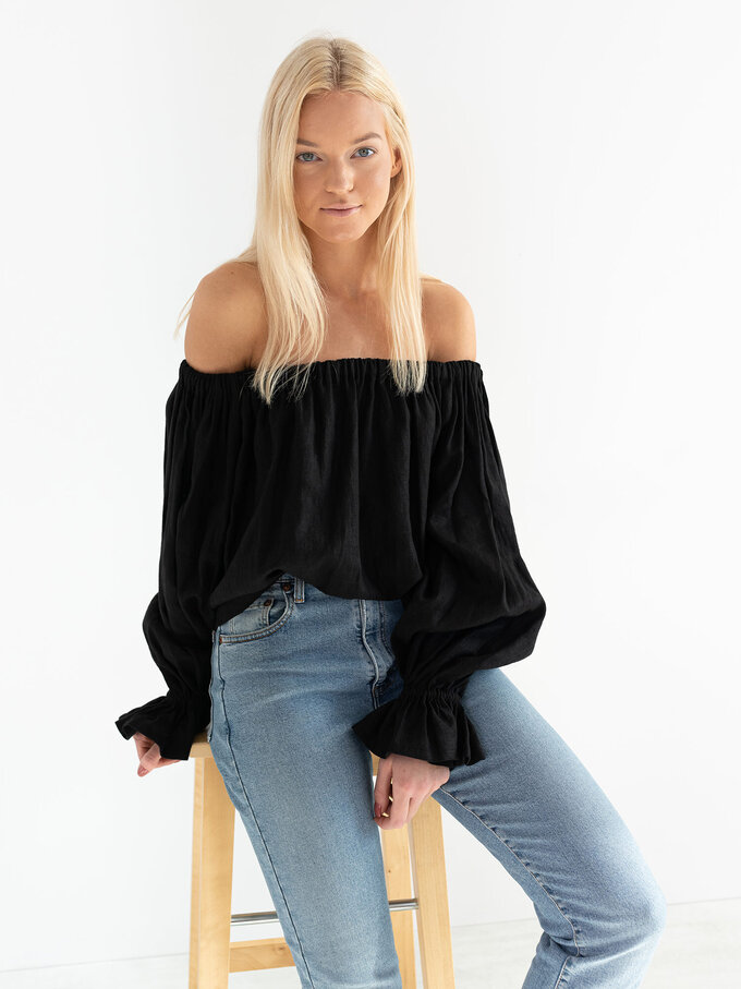 Image 4 of ALICE Off Shoulder Linen Top in Black from Love and Confuse