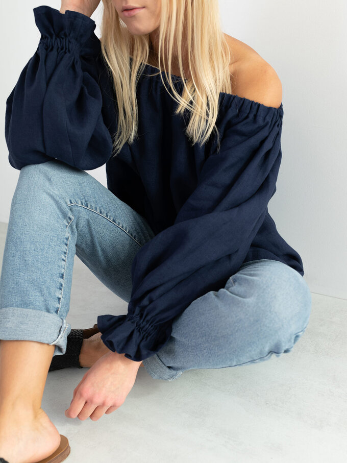 Image 3 of ALICE Off Shoulder Linen Top in Navy Blue from Love and Confuse