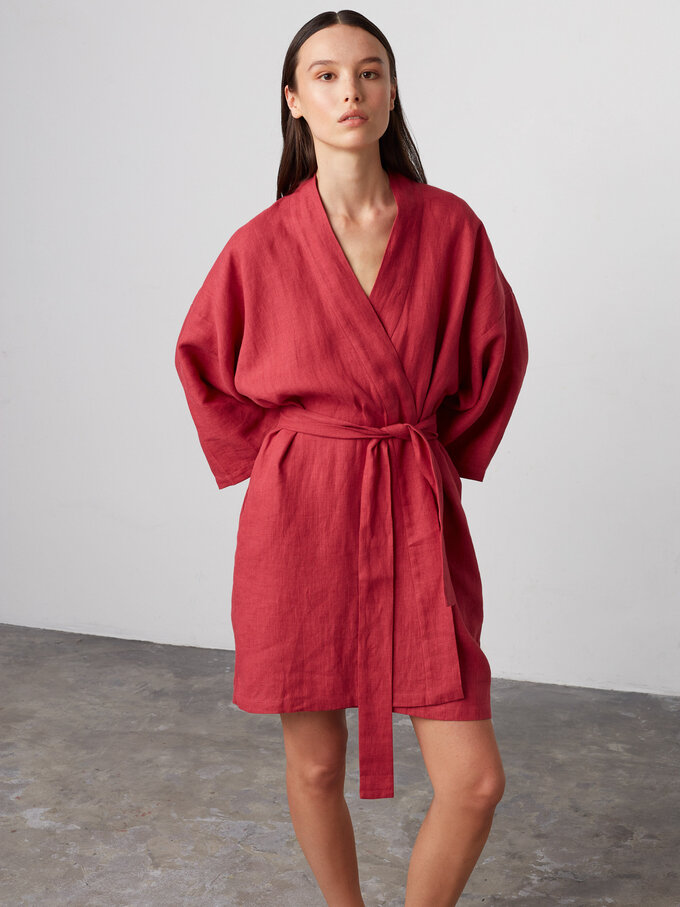 Image 2 of ATHENA Oversized Linen Wrap Dress in Raspberry from Love and Confuse