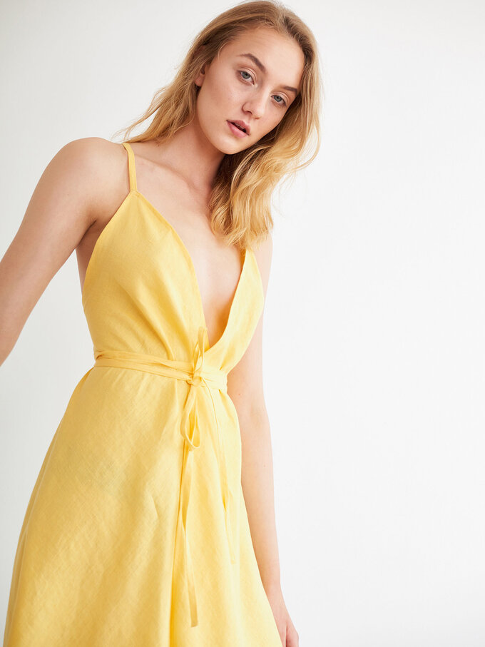 Image 1 of AUDREY Linen Wrap Dress in Lemon Yellow from Love and Confuse