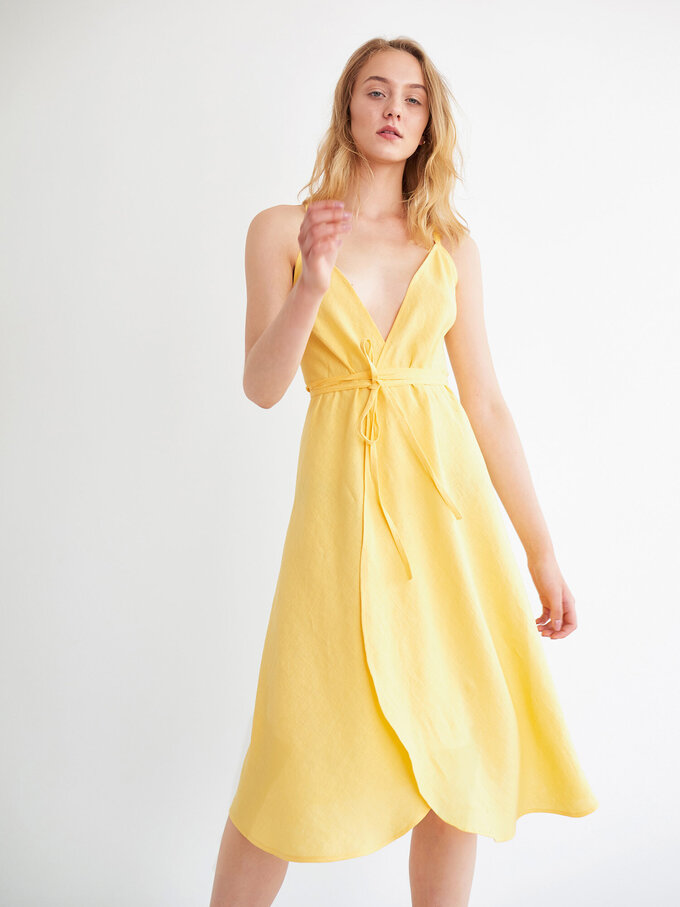 Image 2 of AUDREY Linen Wrap Dress in Lemon Yellow from Love and Confuse