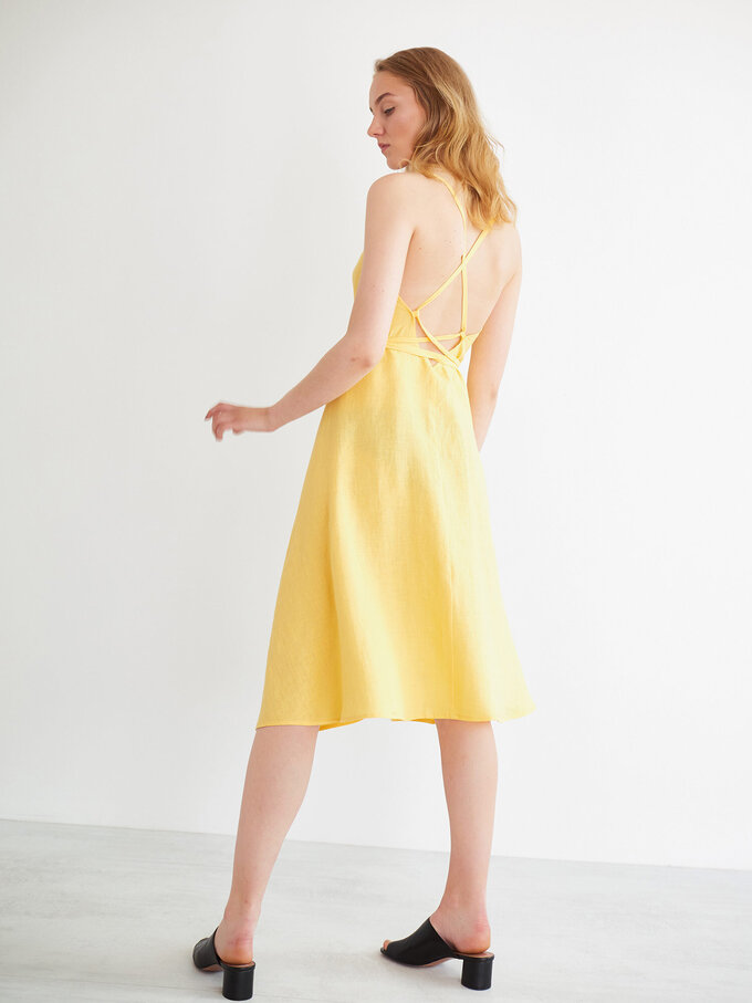 Image 4 of AUDREY Linen Wrap Dress in Lemon Yellow from Love and Confuse