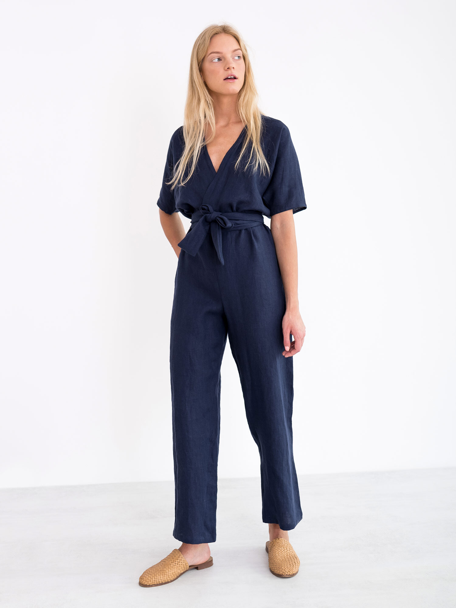 navy blue linen jumpsuit