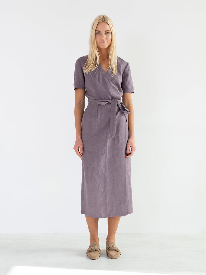 Image 2 of BELLA Linen Midi Wrap Dress in Lavender Violet from Love and Confuse