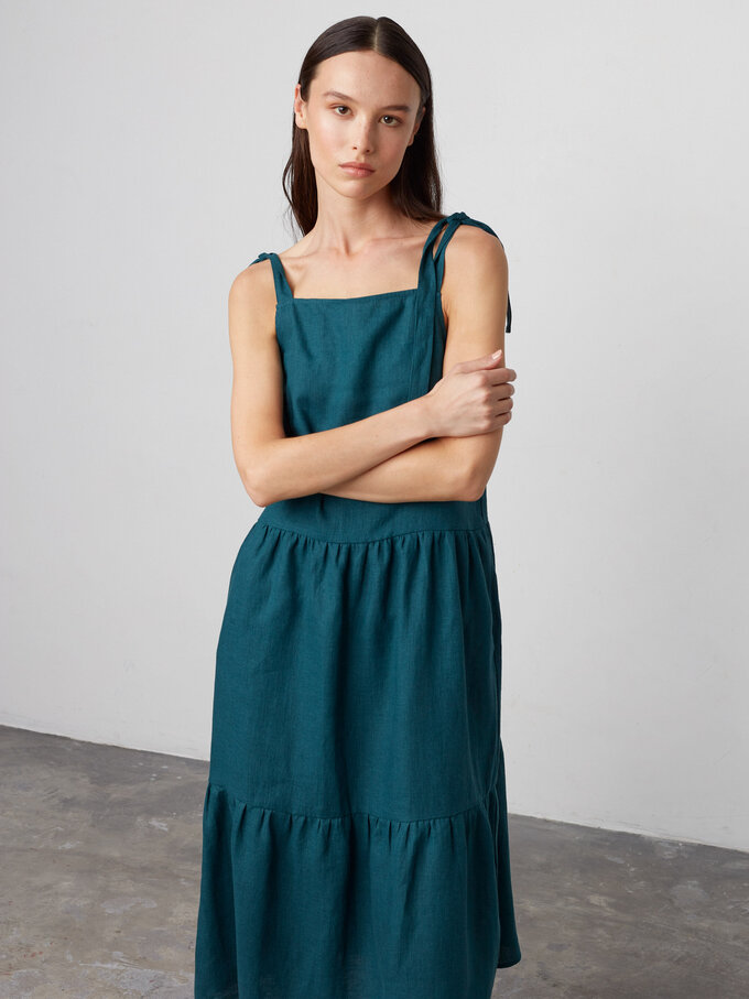 Image 2 of BERRY Sleeveless Linen Midi Dress in Emerald Blue from Love and Confuse