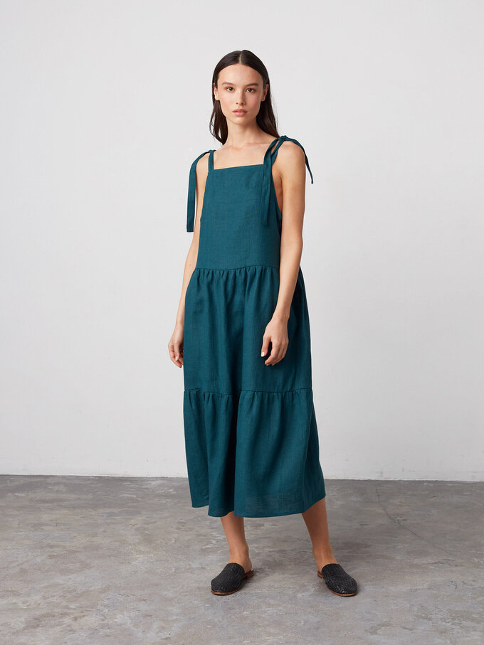 Image 4 of BERRY Sleeveless Linen Midi Dress in Emerald Blue from Love and Confuse