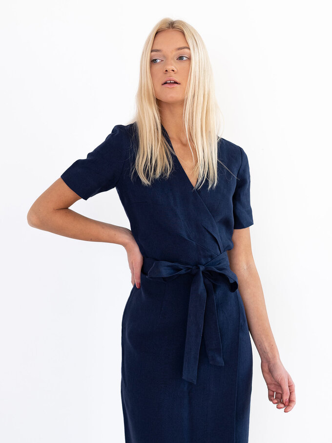 Image 2 of BRIGITTE Linen Wrap Dress in Navy Blue from Love and Confuse