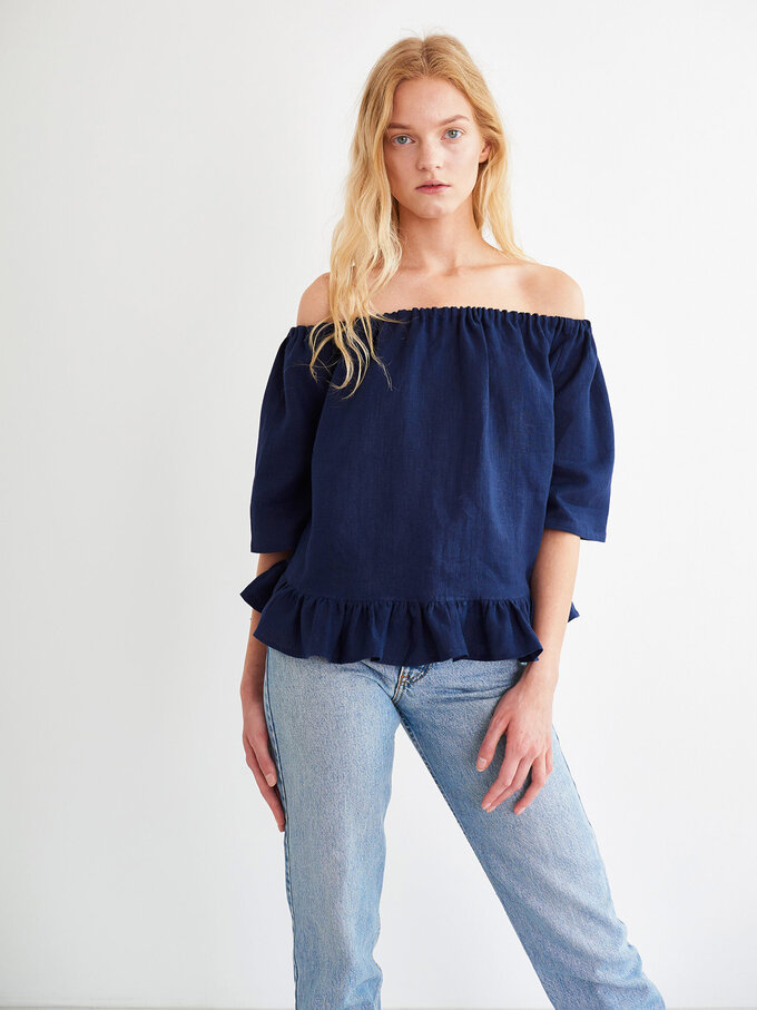 Image 1 of CELINE Off Shoulder Linen Top in Navy Blue from Love and Confuse