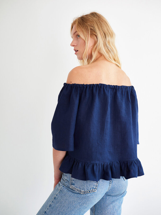 Image 3 of CELINE Off Shoulder Linen Top in Navy Blue from Love and Confuse