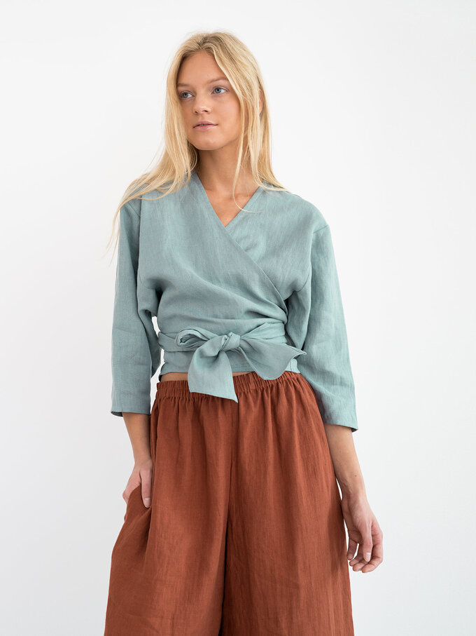 Image 1 of CLAIRE Linen Wrap Top in Dark Turquoise from Love and Confuse