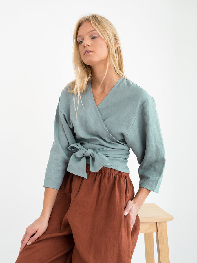 Image 3 of CLAIRE Linen Wrap Top in Dark Turquoise from Love and Confuse