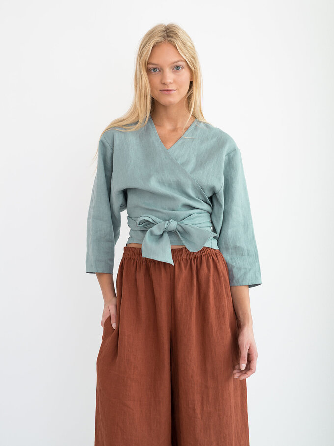 Image 4 of CLAIRE Linen Wrap Top in Dark Turquoise from Love and Confuse