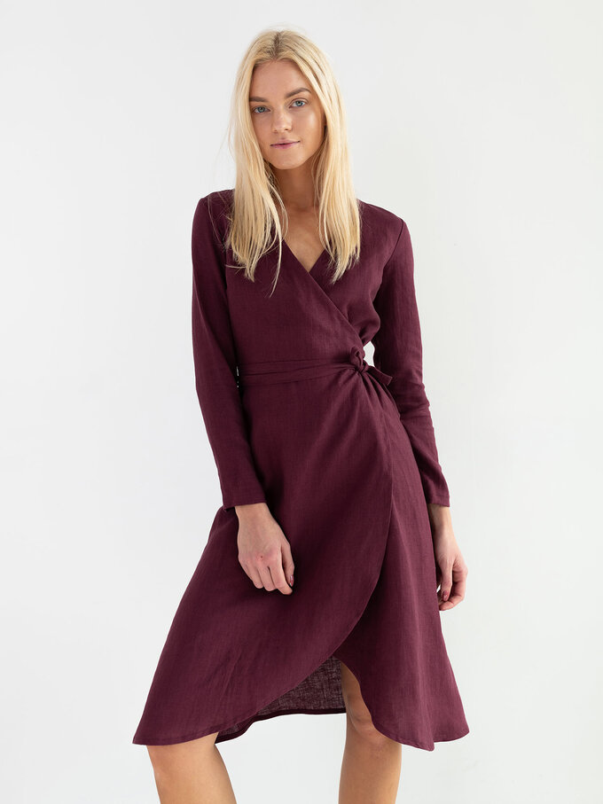 Image 3 of CLAUDIA Linen Wrap Dress in Eggplant from Love and Confuse