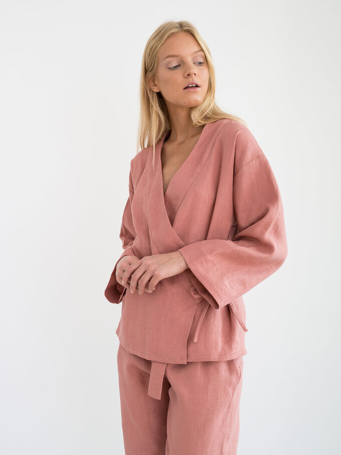 Image 1 of DELILAH Linen Kimono Jacket in Salmon Pink from Love and Confuse