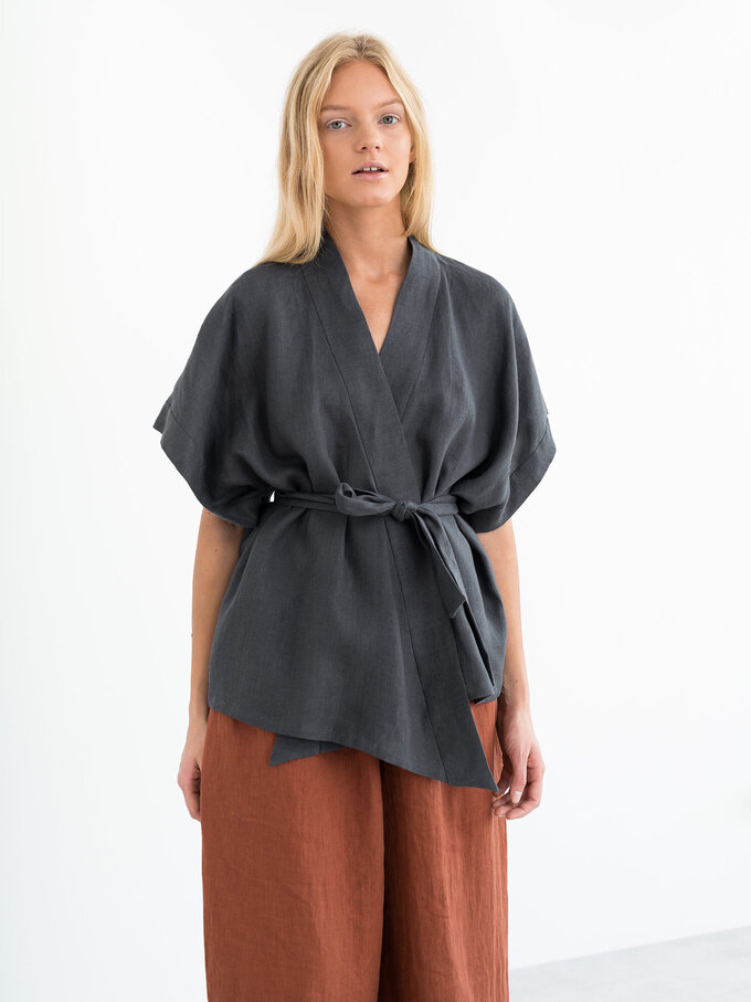 Image 1 of ELI Linen Kimono Top in Dark Grey from Love and Confuse