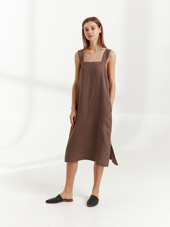 Image 3 of ELLIDY Wide Strap Linen Dress in Cocoa from Love and Confuse