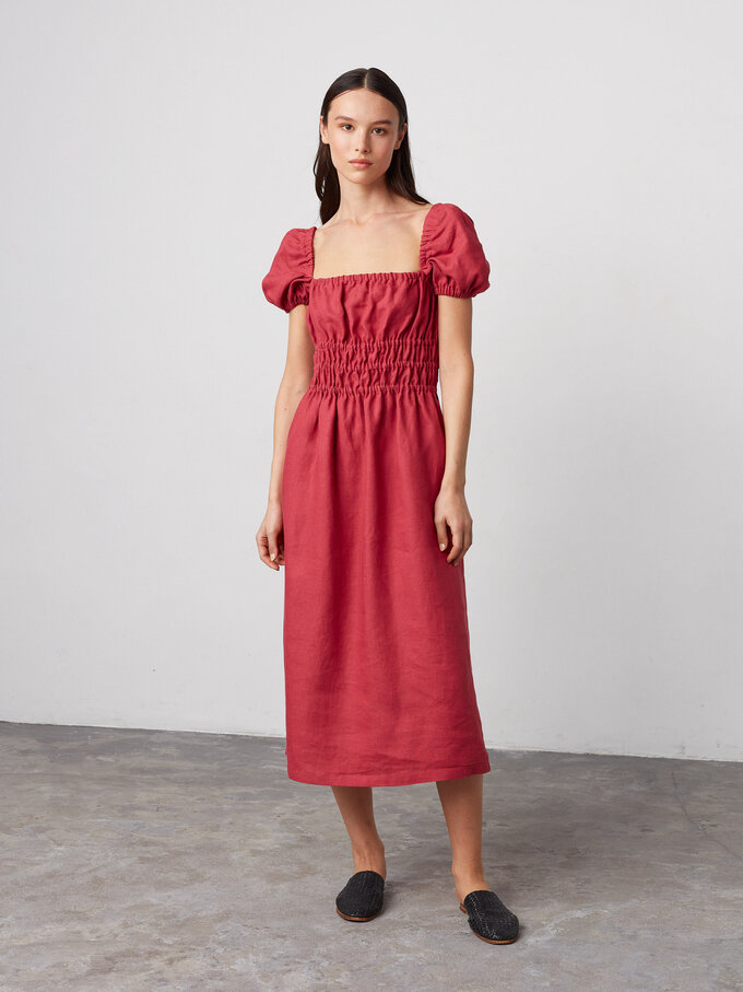 Image 2 of HOLIDAY Puff Sleeve Linen Midi Dress in Raspberry from Love and Confuse