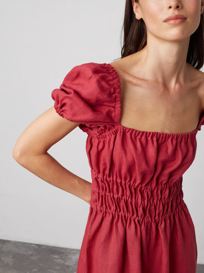 Image 3 of HOLIDAY Puff Sleeve Linen Midi Dress in Raspberry from Love and Confuse