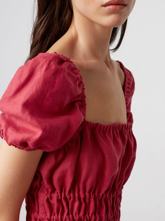 Image 5 of HOLIDAY Puff Sleeve Linen Midi Dress in Raspberry from Love and Confuse