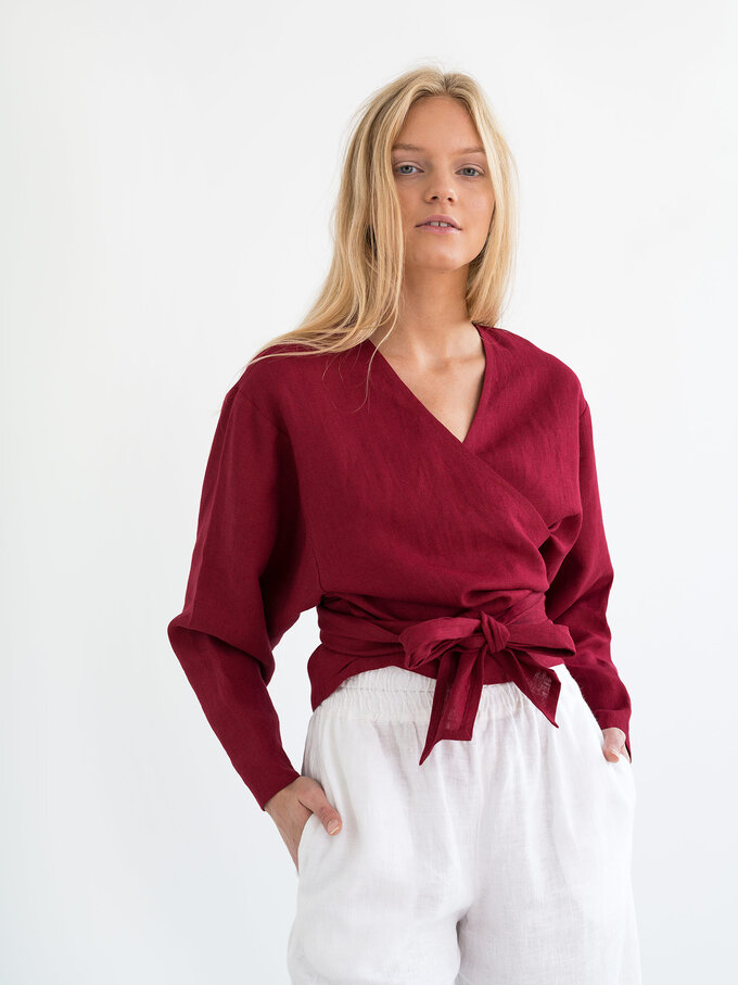 Image 1 of JUNE Linen Wrap Top in Cherry Red from Love and Confuse