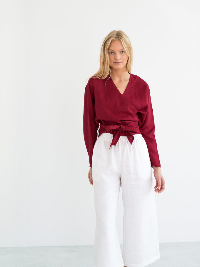 Image 5 of JUNE Linen Wrap Top in Cherry Red from Love and Confuse