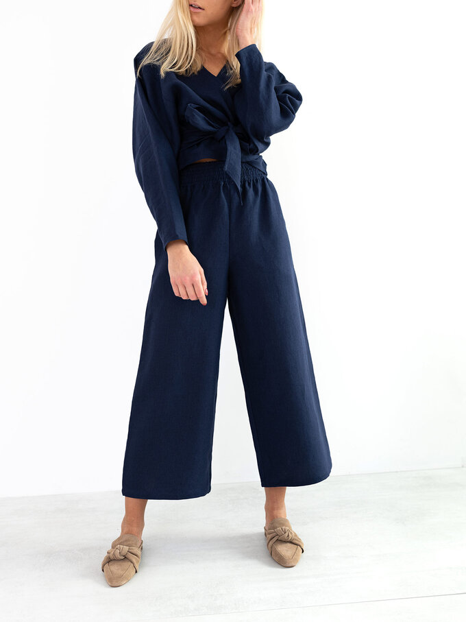 Image 1 of JUNE Linen Wrap Top in Navy Blue from Love and Confuse