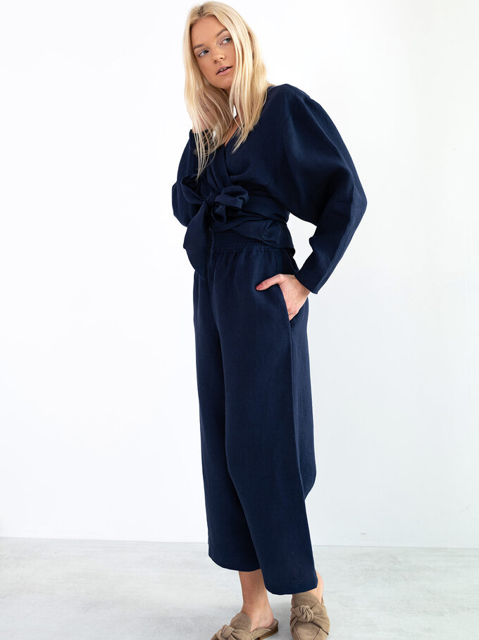 Image 2 of JUNE Linen Wrap Top in Navy Blue from Love and Confuse