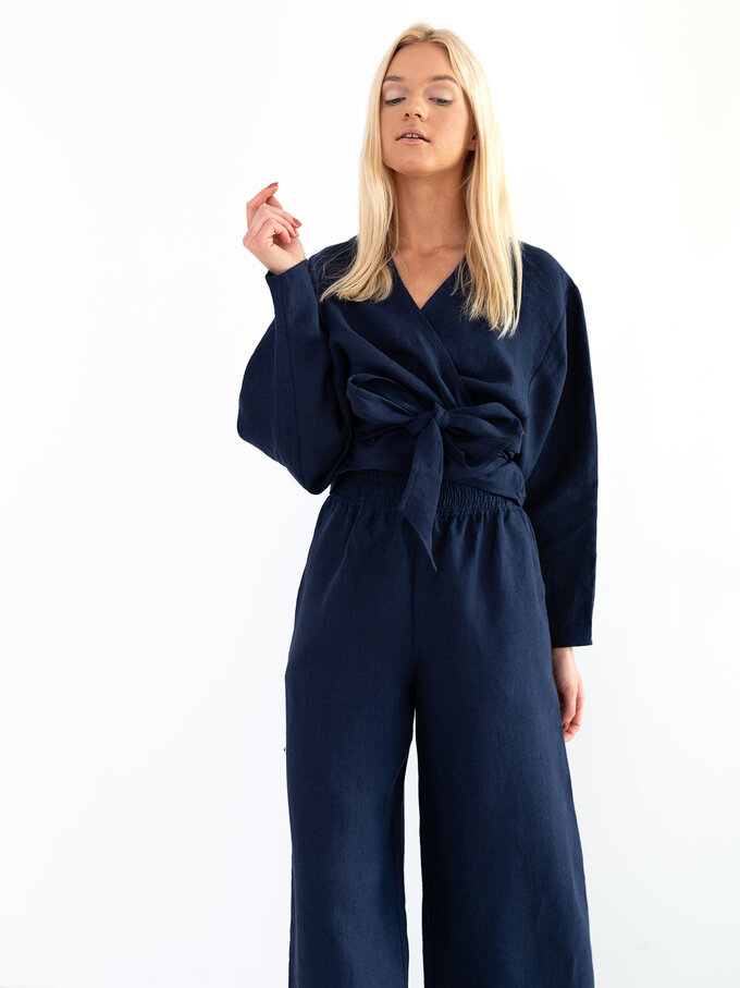 Image 3 of JUNE Linen Wrap Top in Navy Blue from Love and Confuse