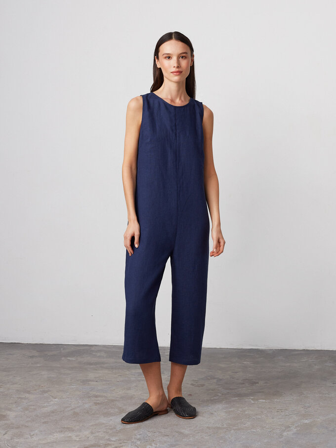 Image 1 of MARIGOLD Sleeveless Linen Jumpsuit in Navy Blue from Love and Confuse