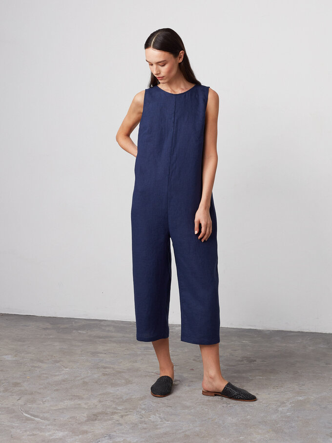 Image 2 of MARIGOLD Sleeveless Linen Jumpsuit in Navy Blue from Love and Confuse