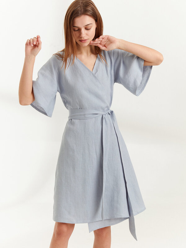 Image 1 of MARY Linen Wrap Dress in Bluestone from Love and Confuse