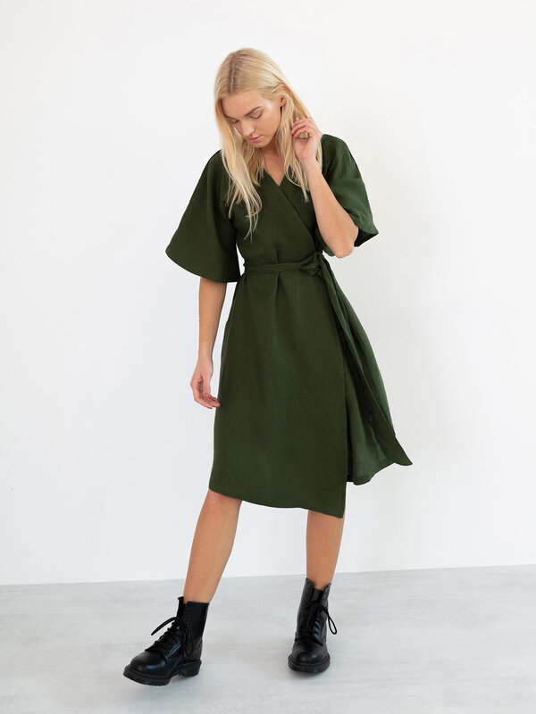 Image 1 of MARY Linen Wrap Dress in Forest Green from Love and Confuse