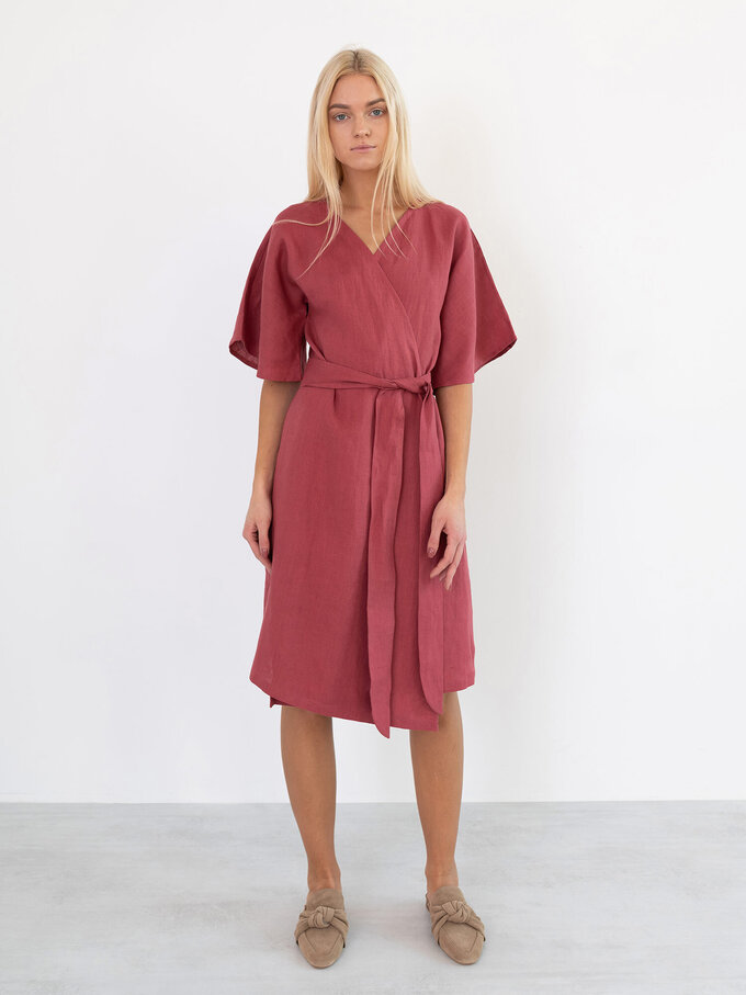 Image 2 of MARY Linen Wrap Dress in Raspberry from Love and Confuse