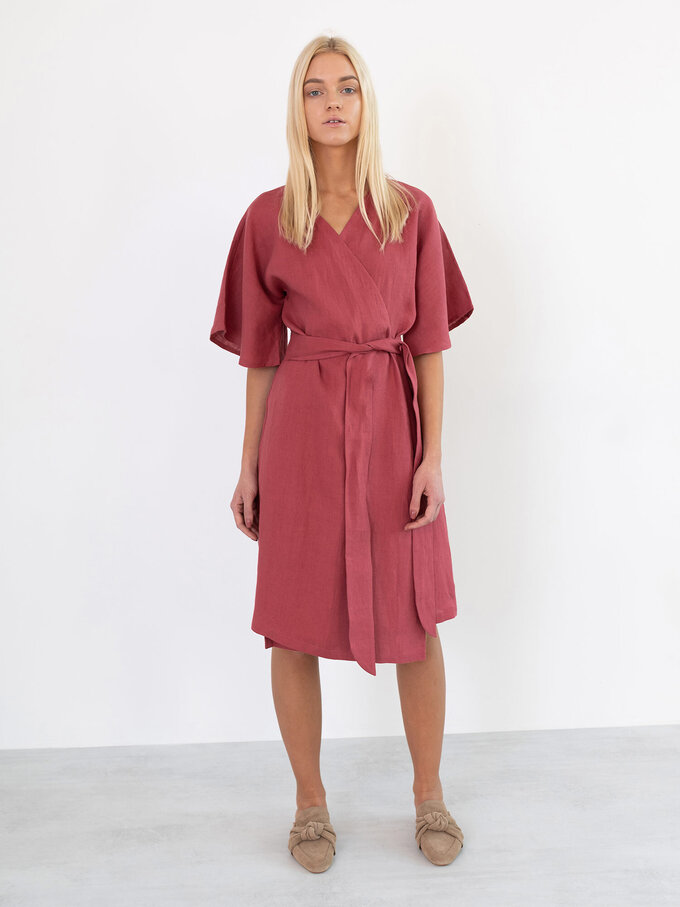 Image 5 of MARY Linen Wrap Dress in Raspberry from Love and Confuse