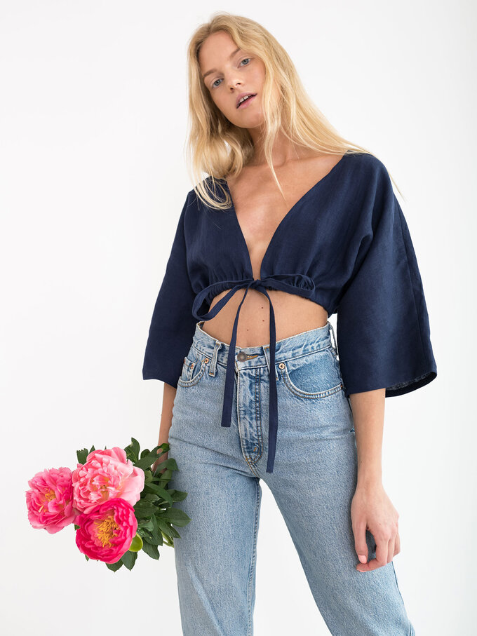 Image 1 of MELISSA Linen Tie Front Crop Top in Navy Blue from Love and Confuse