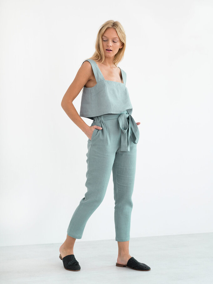 Image 1 of NOAH Paper Bag Linen Pants in Dark Turquoise from Love and Confuse