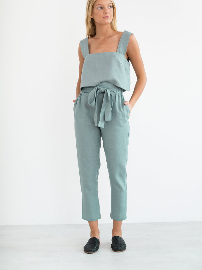 Image 2 of NOAH Paper Bag Linen Pants in Dark Turquoise from Love and Confuse