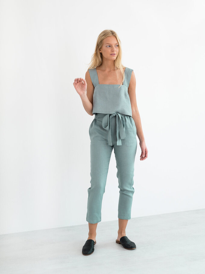 Image 3 of NOAH Paper Bag Linen Pants in Dark Turquoise from Love and Confuse