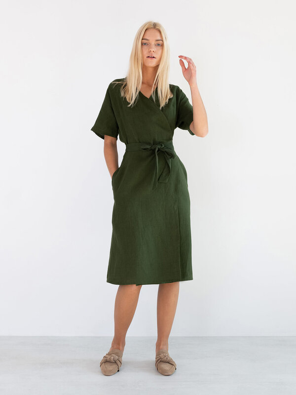 Image 1 of SUMMER Linen Wrap Dress in Forest Green from Love and Confuse