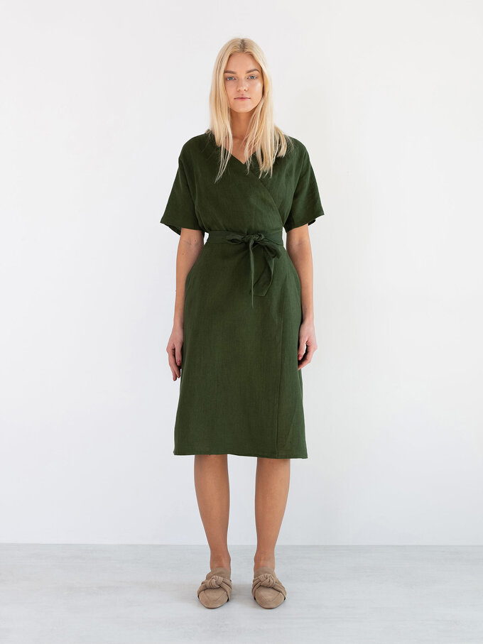 Image 2 of SUMMER Linen Wrap Dress in Forest Green from Love and Confuse