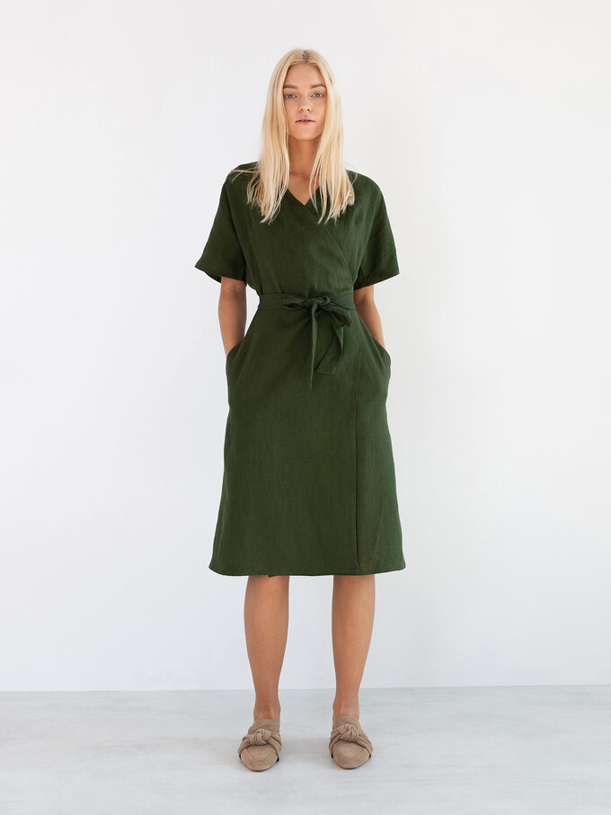 Image 4 of SUMMER Linen Wrap Dress in Forest Green from Love and Confuse