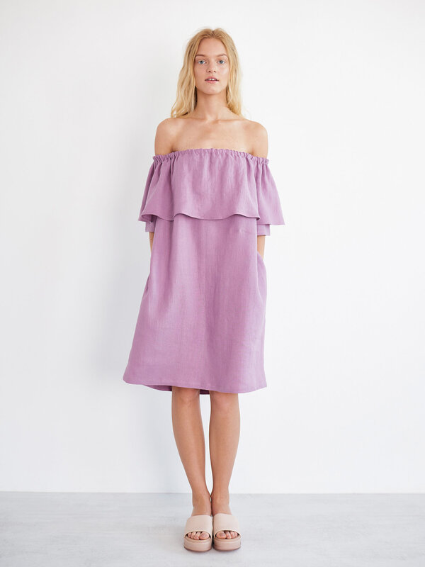 Image 1 of THALIA Off Shoulder Linen Dress in Radiant Orchid from Love and Confuse