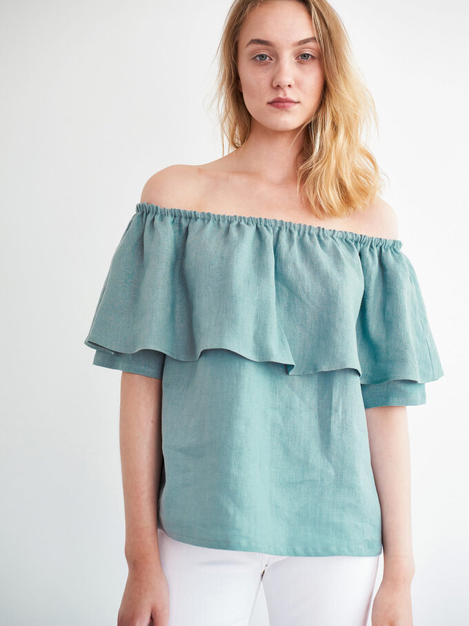 Image 1 of THALIA Off Shoulder Linen Top in Dark Turquoise from Love and Confuse