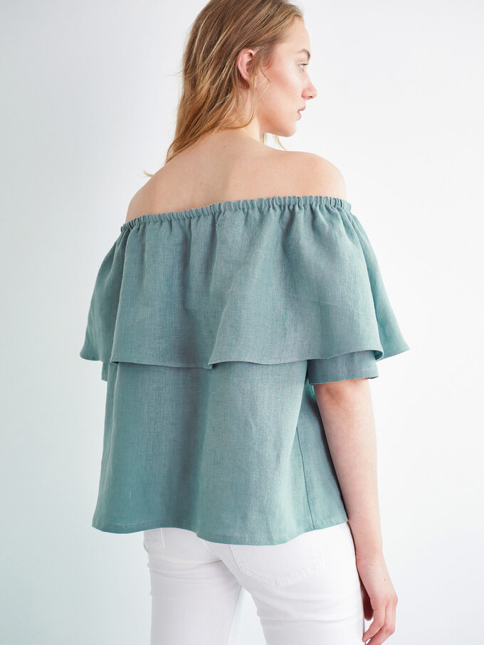 Image 2 of THALIA Off Shoulder Linen Top in Dark Turquoise from Love and Confuse