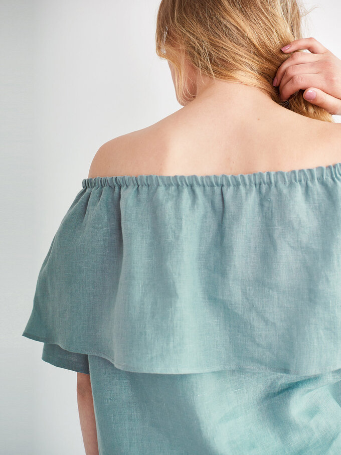 Image 4 of THALIA Off Shoulder Linen Top in Dark Turquoise from Love and Confuse