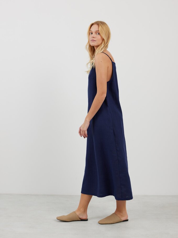 Image 1 of ADALINE Square Neck Linen Slip Dress in Navy Blue from Love and Confuse