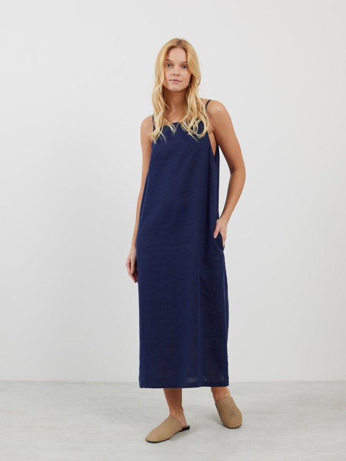 Image 2 of ADALINE Square Neck Linen Slip Dress in Navy Blue from Love and Confuse