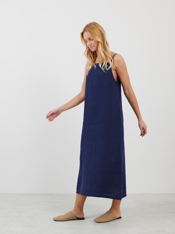 Image 4 of ADALINE Square Neck Linen Slip Dress in Navy Blue from Love and Confuse